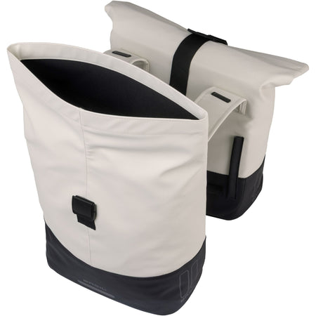 Basil Cove double pannier bag in off-white and black, designed for style and functionality in everyday use.
