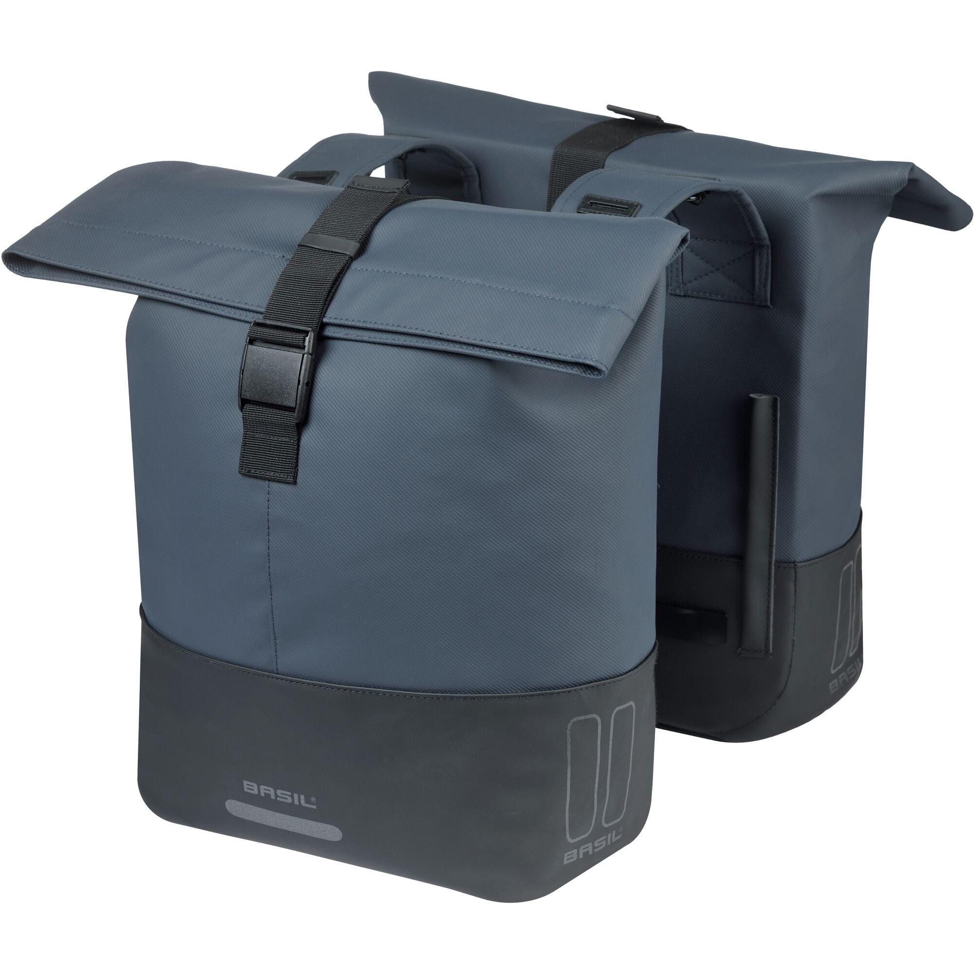 Basil Cove double pannier bag 28-32L in navy and black, ideal for daily commuting and stylish bike rides.