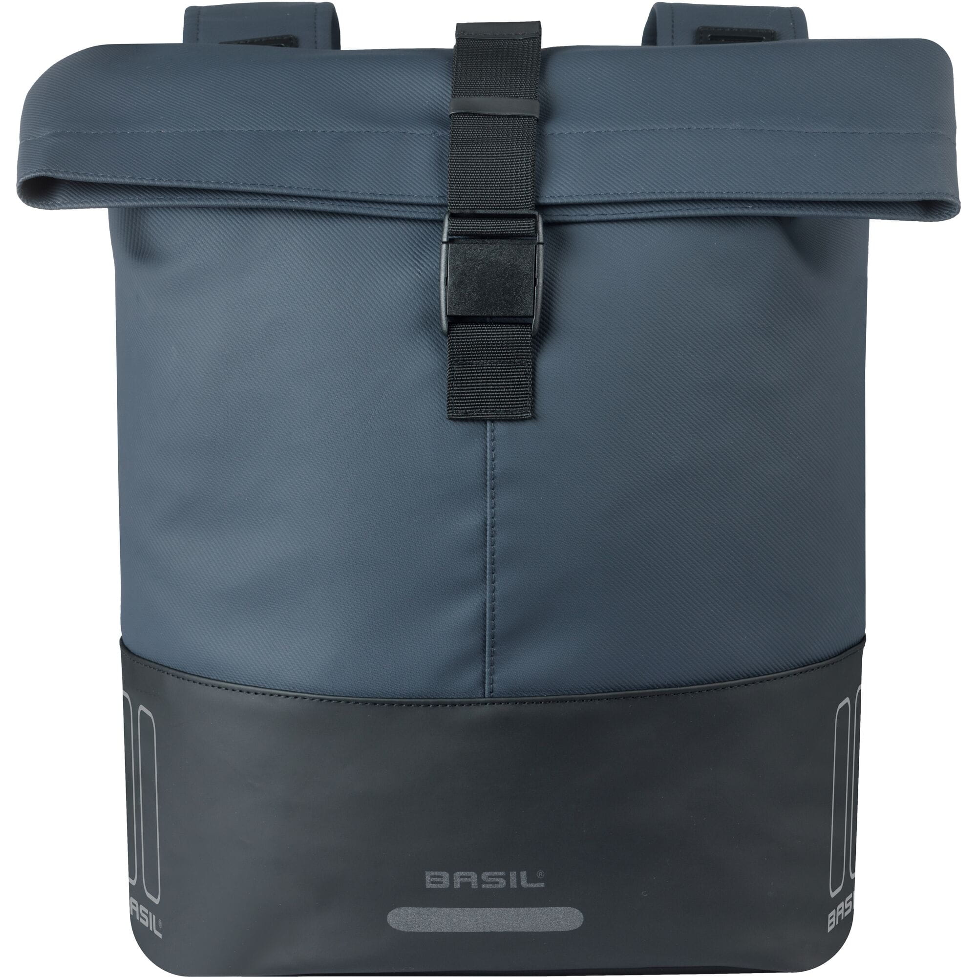 Basil Cove double pannier bag in navy and black, designed for stylish daily use and bike commuting.