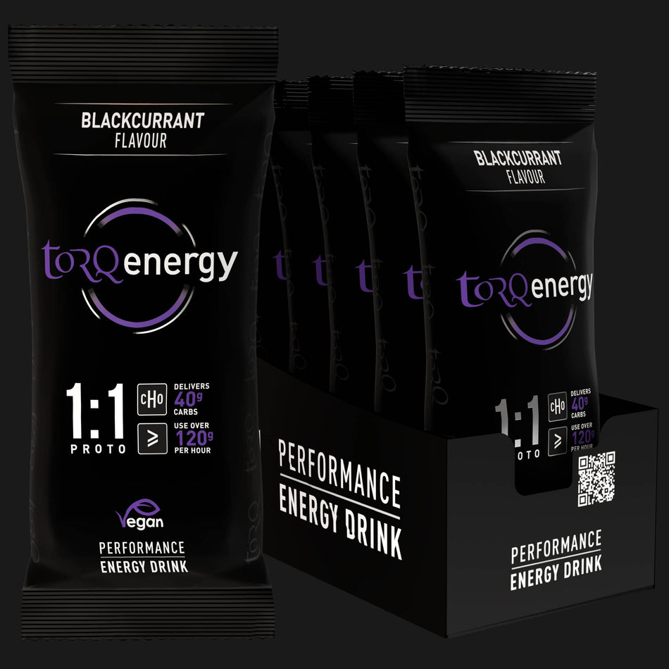 TORQ Proto energy drink sachets box featuring blackcurrant flavour and vegan performance energy drink packaging.
