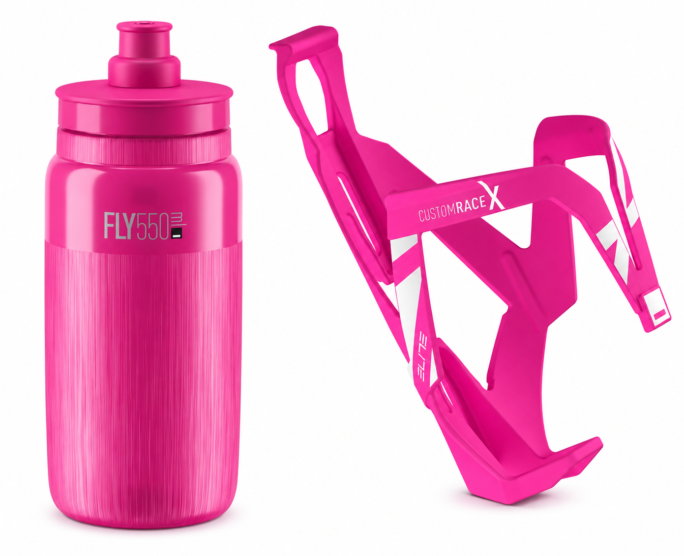 Elite Custom Race X Cage and Fly 550ml cycling water bottle bundle pink on a white background.
