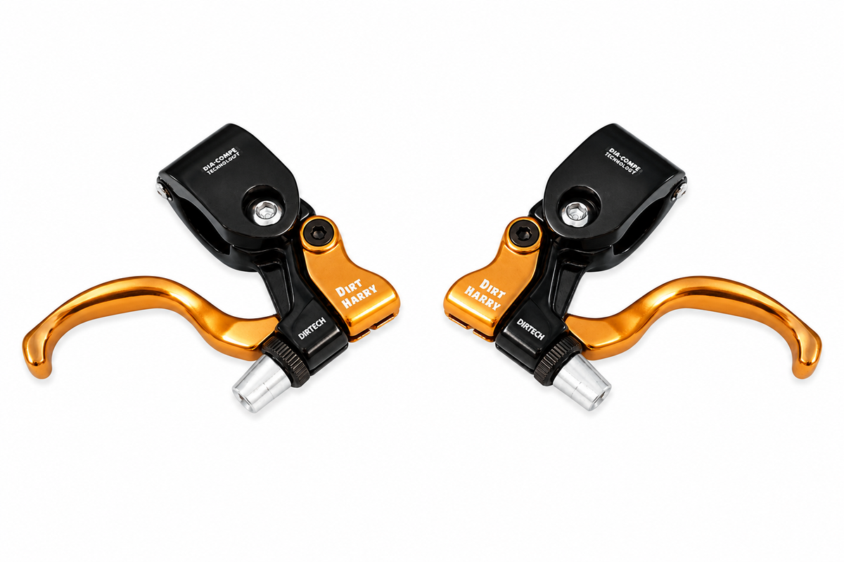 Dia-Compe Dirt Harry Tech 99 BMX brake lever black and gold pair showing left and right levers with ergonomic design.