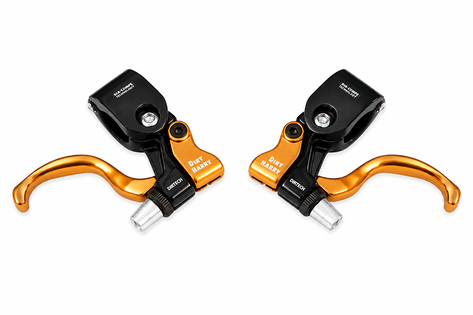 Dia-Compe Dirt Harry Tech 99 BMX brake lever black and gold pair showing left and right levers with ergonomic design.