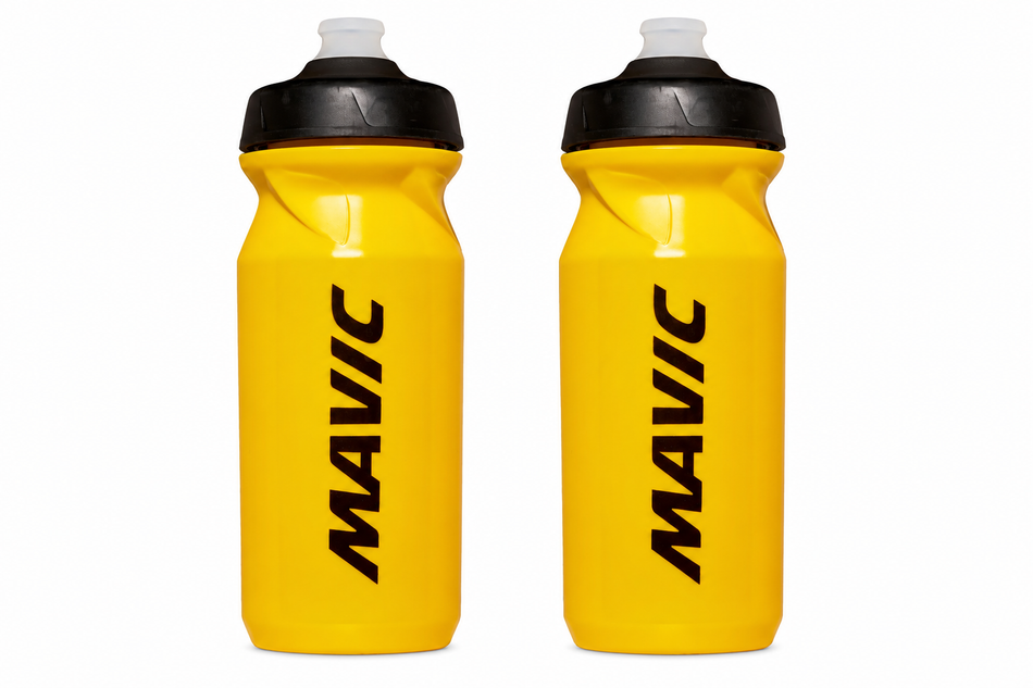 2x Mavic Pro water bottles 650ml in yellow with ergonomic design for cyclists, featuring double-closure Pro-Cap system.