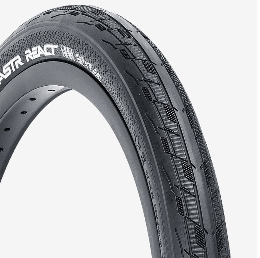Tioga Fastr React S-Spec BMX 20 inch folding tyre with paddle-like serrated shoulder treads for better grip.