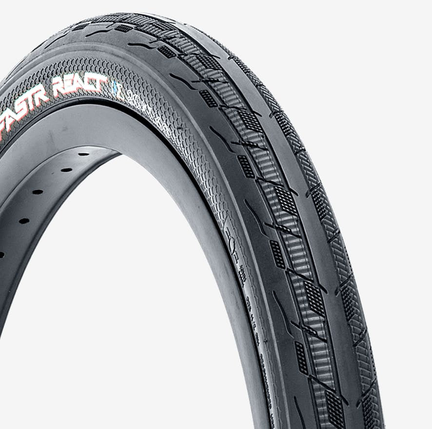 Tioga Fastr React S-Spec BMX 20 inch folding tyre showcasing innovative tread design for enhanced grip and acceleration.