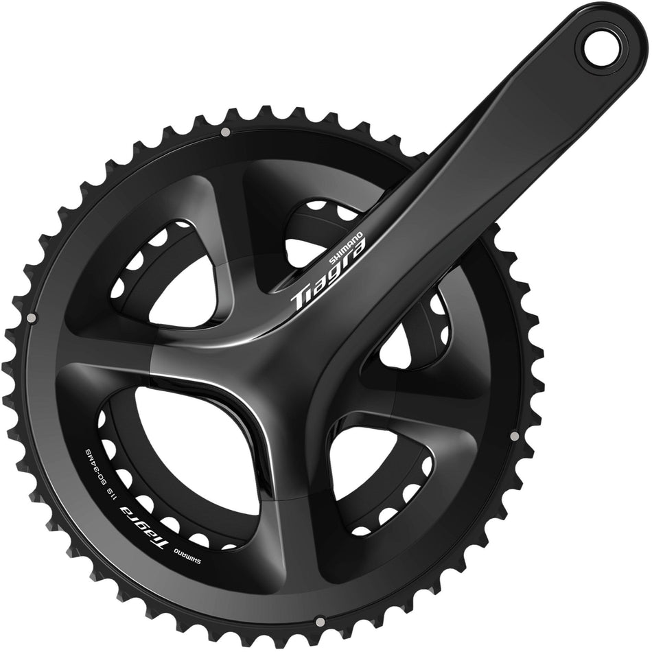 11 speed Shimano Tiagra chainset with a sleek black design and 2-piece cap-free installation for optimal performance.
