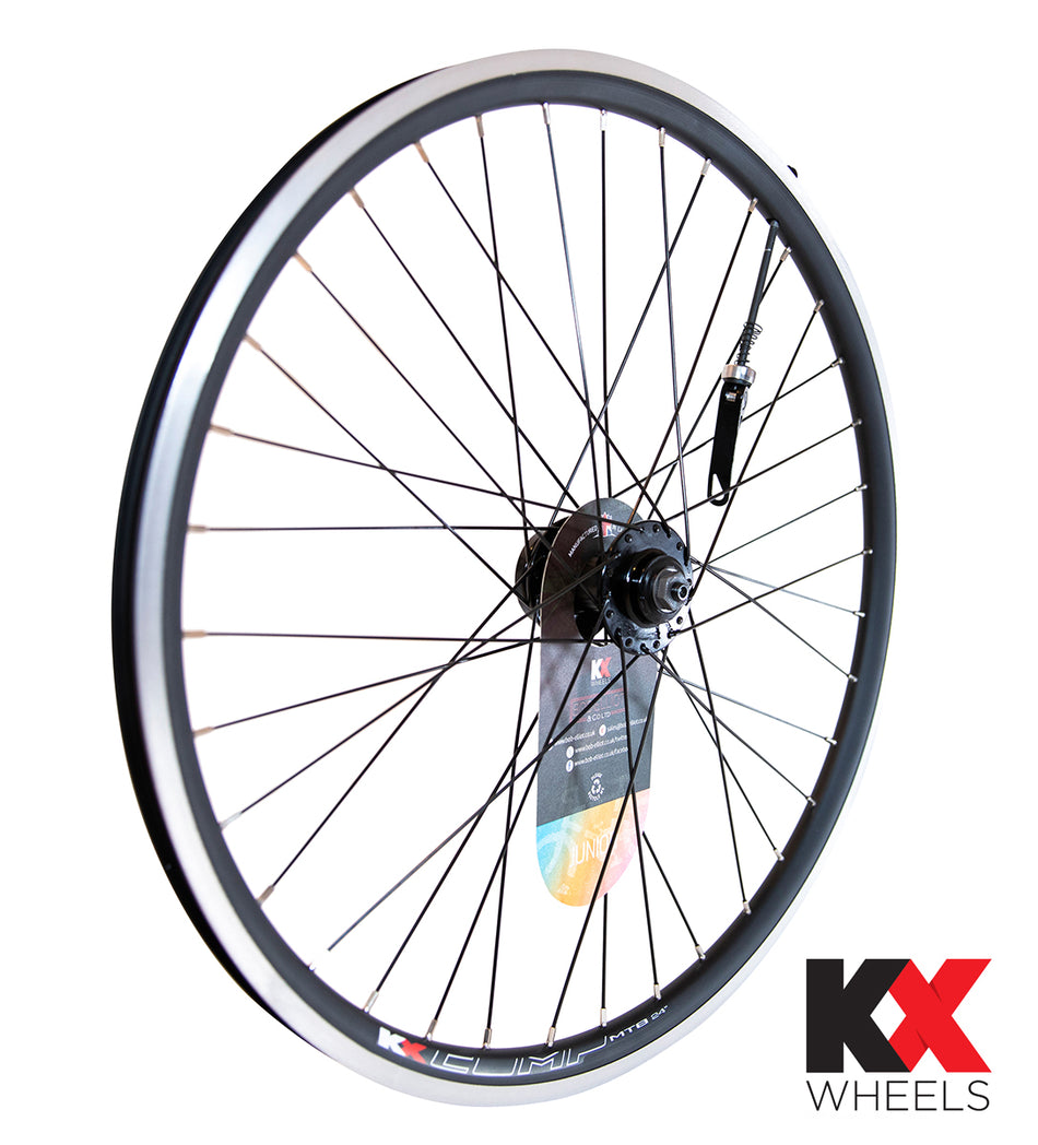 KX Junior 24 inch doublewall wheel displayed in black color with a focus on its high-quality design and craftsmanship.
