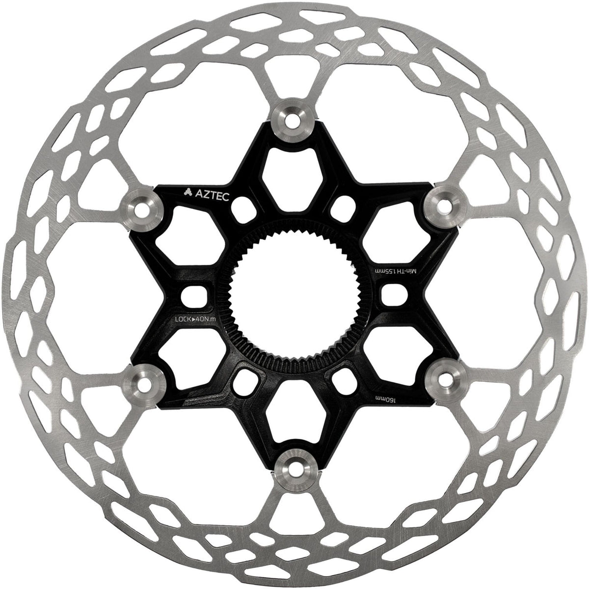 Aztec HexVent ultra lightweight floating center lock rotor with stainless-steel surface and aluminum spider.
