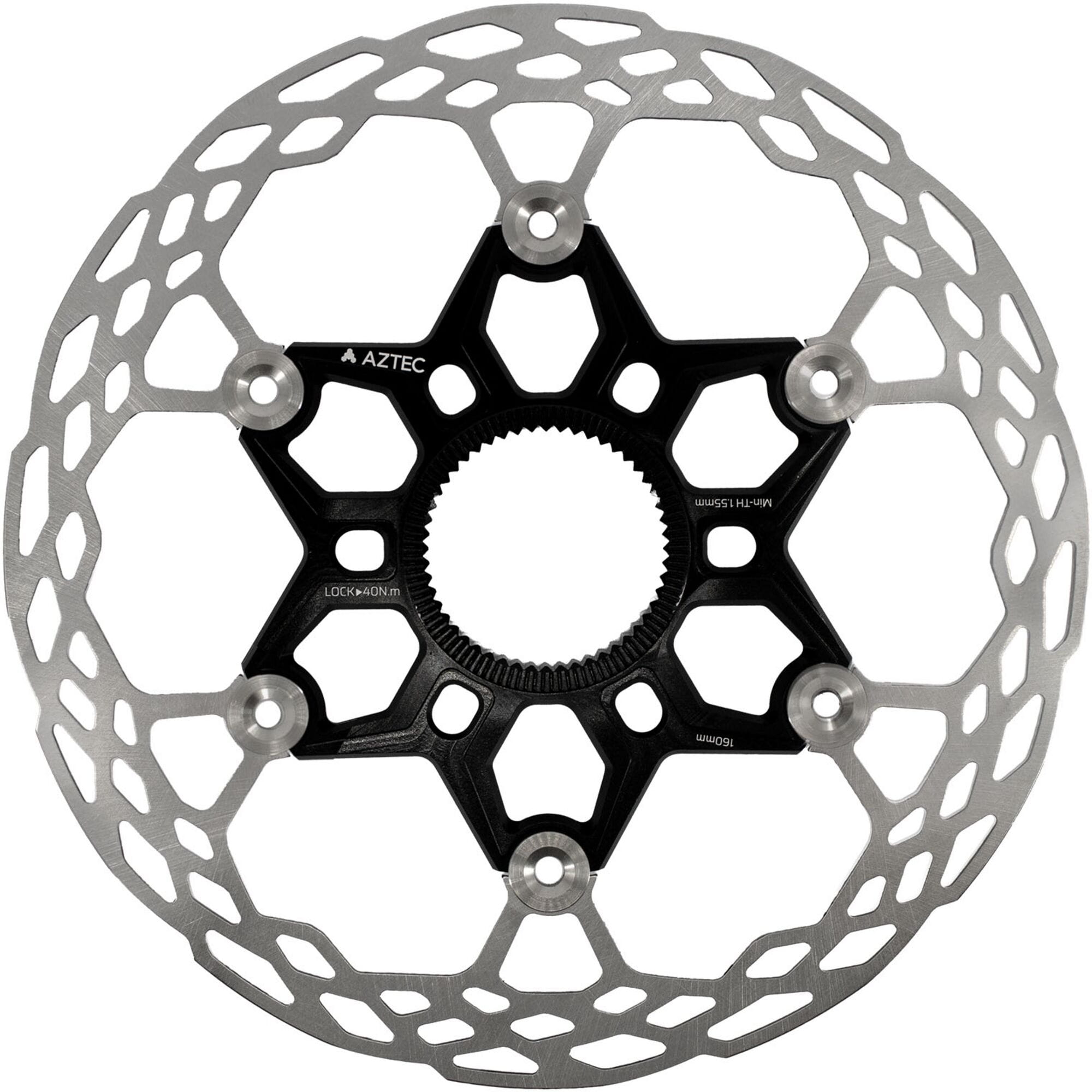 Aztec HexVent ultra lightweight floating center lock rotor with stainless-steel surface and aluminum spider.