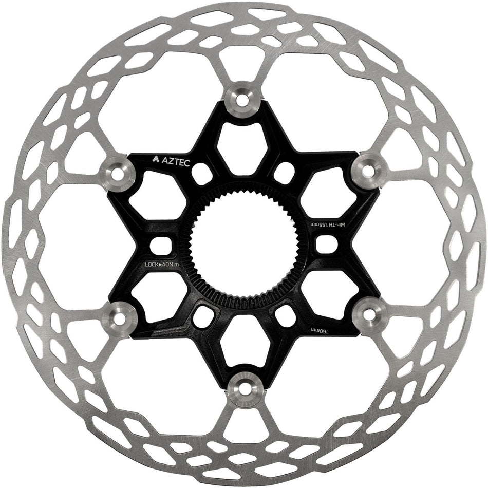 Aztec HexVent ultra lightweight floating center lock rotor with stainless-steel surface and aluminum spider.