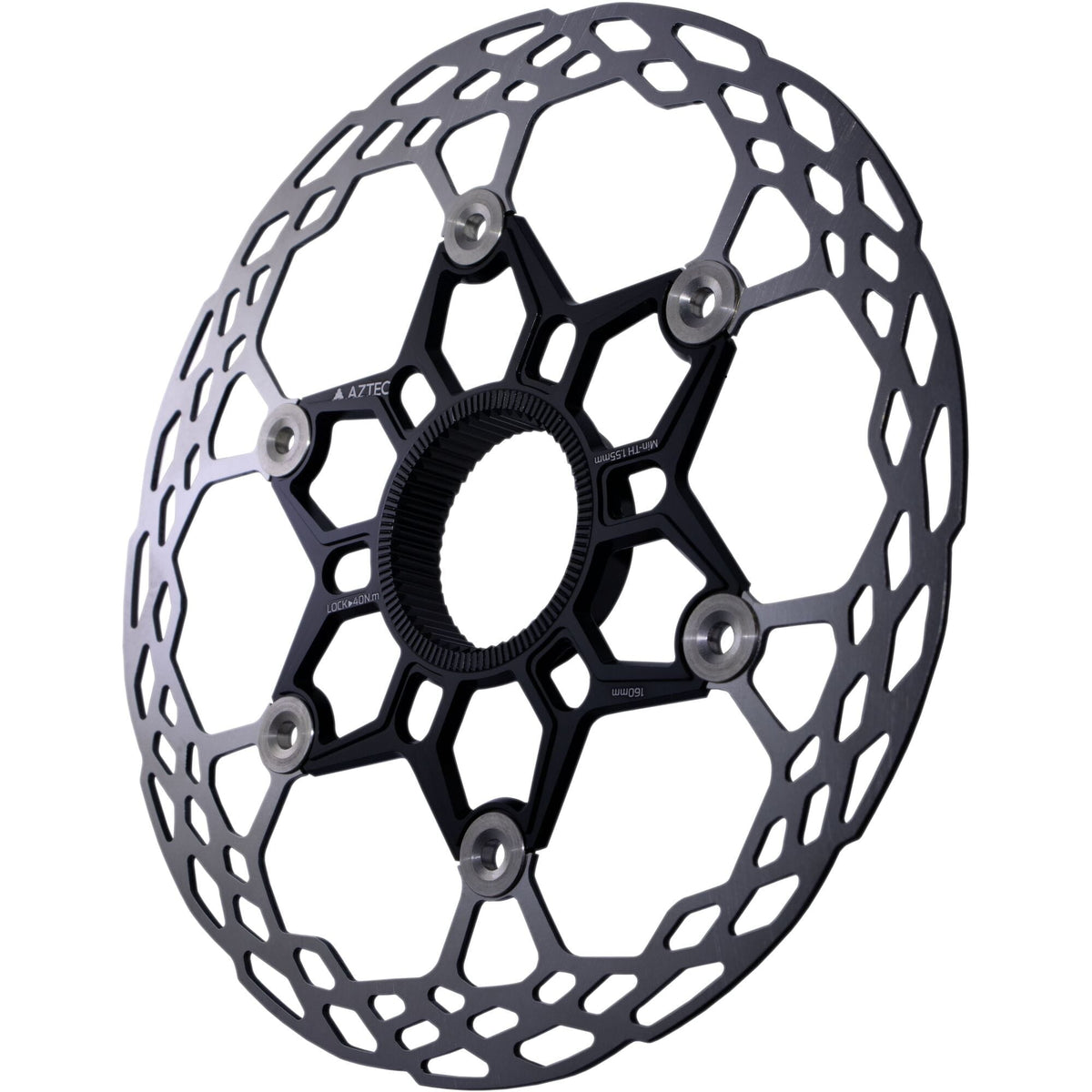 Aztec HexVent ultra lightweight floating center lock rotor showcasing its intricate design and robust construction.