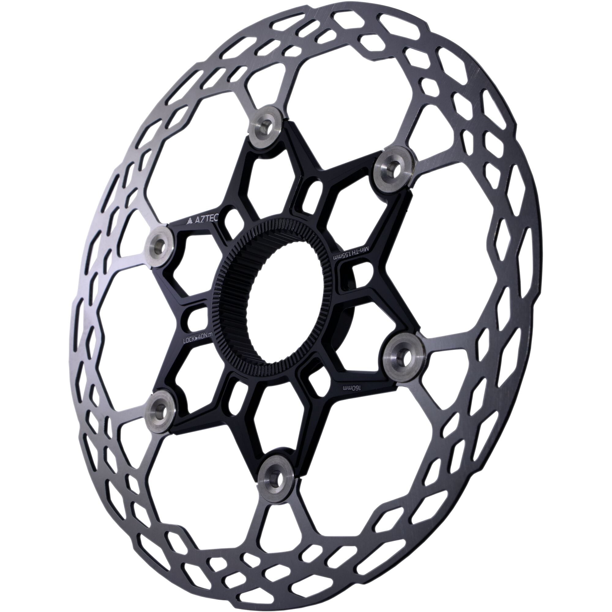 Aztec HexVent ultra lightweight floating center lock rotor showcasing its intricate design and robust construction.