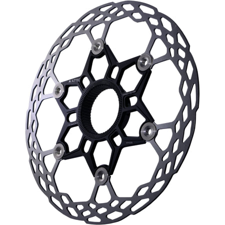Aztec HexVent ultra lightweight floating center lock rotor showcasing its intricate design and robust construction.