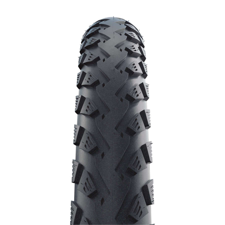 Schwalbe Land Cruiser Plus puncture-resistant MTB tyre with unique tread design and black surface.