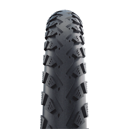 Schwalbe Land Cruiser Plus puncture-resistant MTB tyre with unique tread design and black surface.