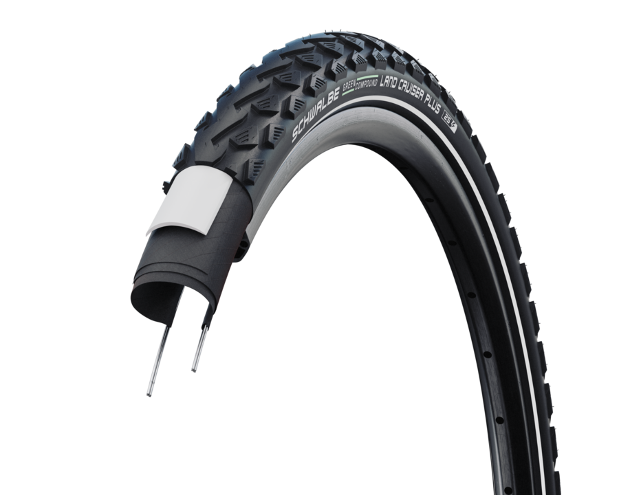Schwalbe Land Cruiser Plus Active PunctureGuard SBC rigid MTB tyre showcasing its puncture-resistant features in black and reflective design.