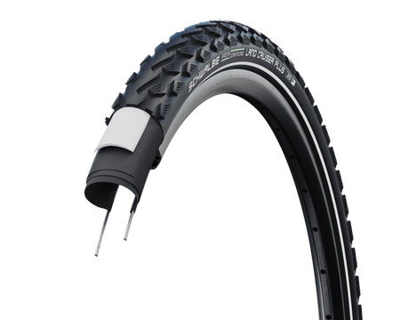 Schwalbe Land Cruiser Plus Active PunctureGuard SBC rigid MTB tyre showcasing its puncture-resistant features in black and reflective design.