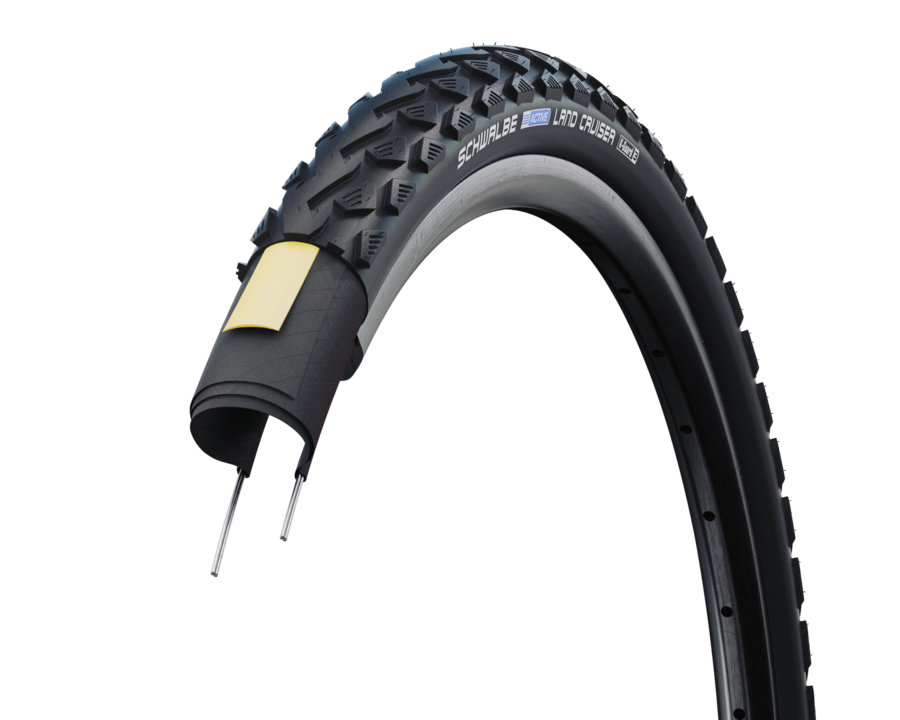 Schwalbe Land Cruiser bike tyre with K-Guard protection in black, suitable for MTB and road biking.