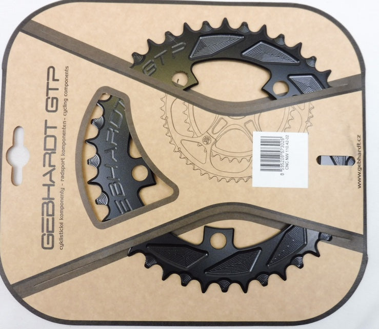Gebhardt CNC NarrowWide chainring 110 BCD in black packaging, showcasing 9/10/11 speed compatibility and aluminum construction.