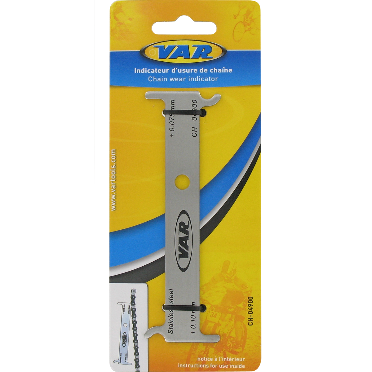 Var Chain Wear Indicator tool for measuring chain stretch and avoiding premature wear of chainrings and sprockets.