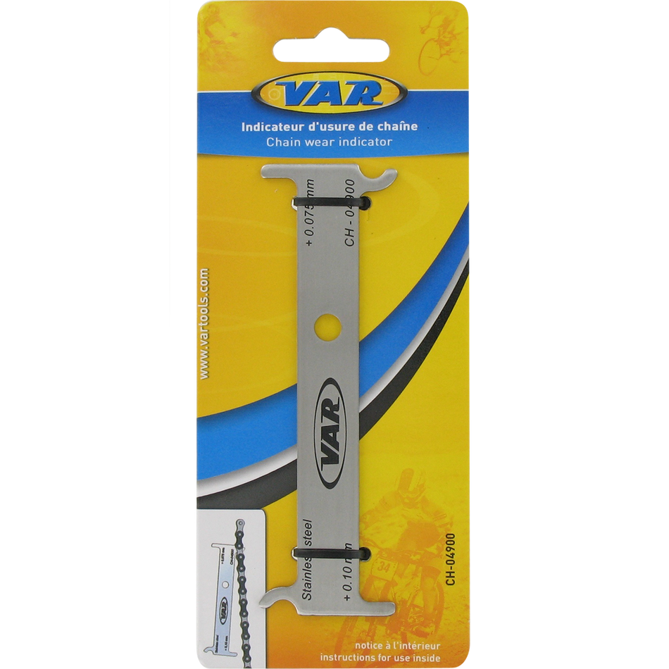 Var Chain Wear Indicator tool for measuring chain stretch and avoiding premature wear of chainrings and sprockets.