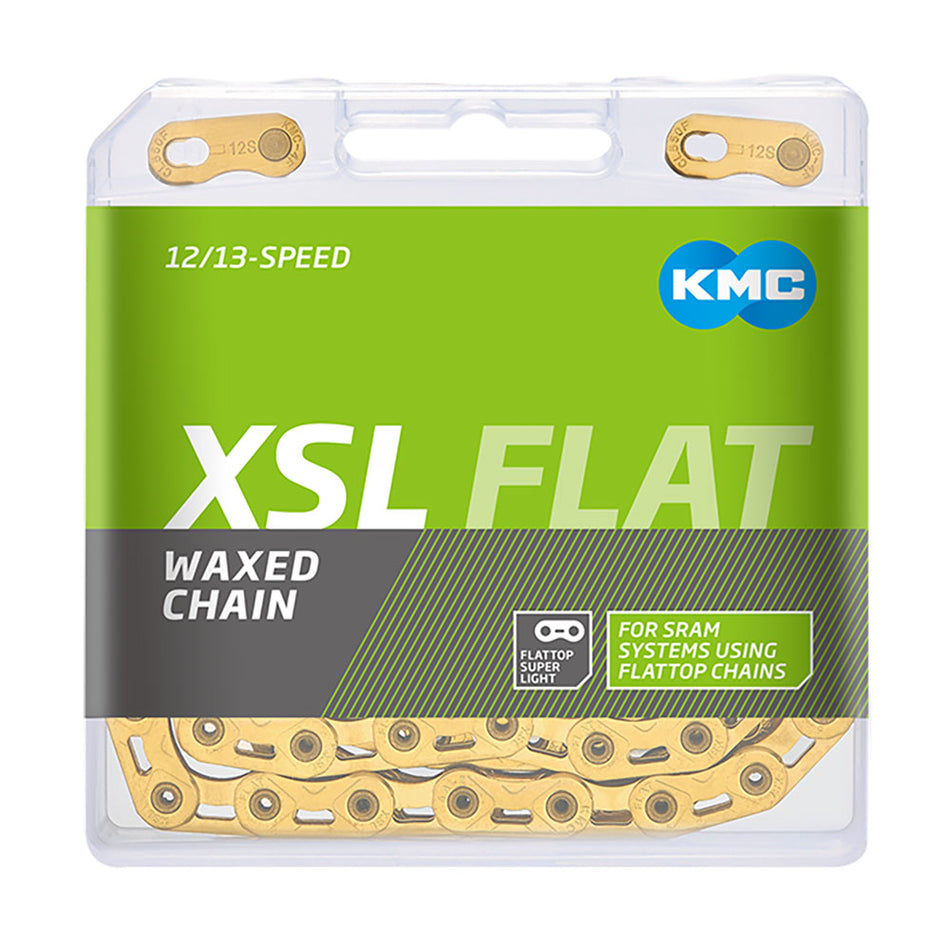 KMC flat top pre-waxed chain packaging showcasing the XSL Flat Waxed Chain for SRAM 12/13-speed systems.