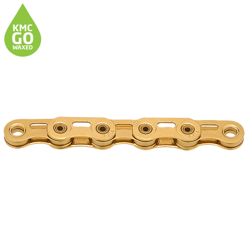 KMC flat top pre-waxed chain in Ti-N gold color, ideal for SRAM 12/13 speed drivetrains, featuring a lightweight design.