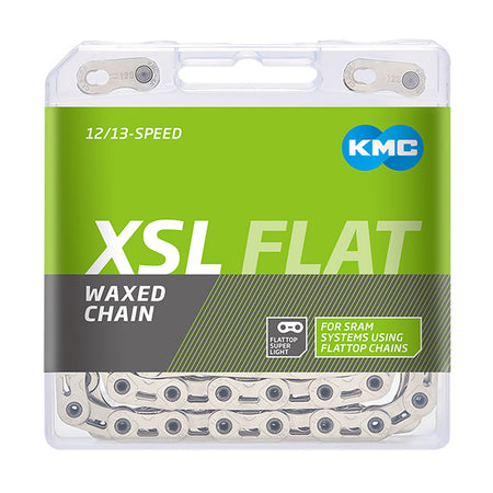 KMC pre-waxed SRAM chain packaging for 12/13 speed Flattop systems, showcasing lightweight design and factory waxed finish.