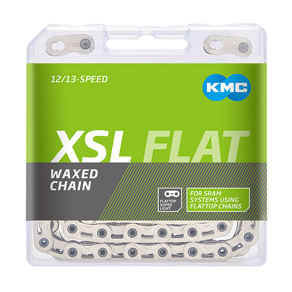 KMC pre-waxed SRAM chain packaging for 12/13 speed Flattop systems, showcasing lightweight design and factory waxed finish.