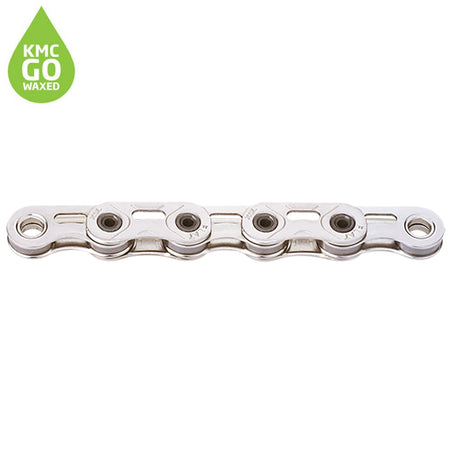 KMC pre-waxed SRAM chain displayed in silver, showcasing the super-lightweight flat top design.