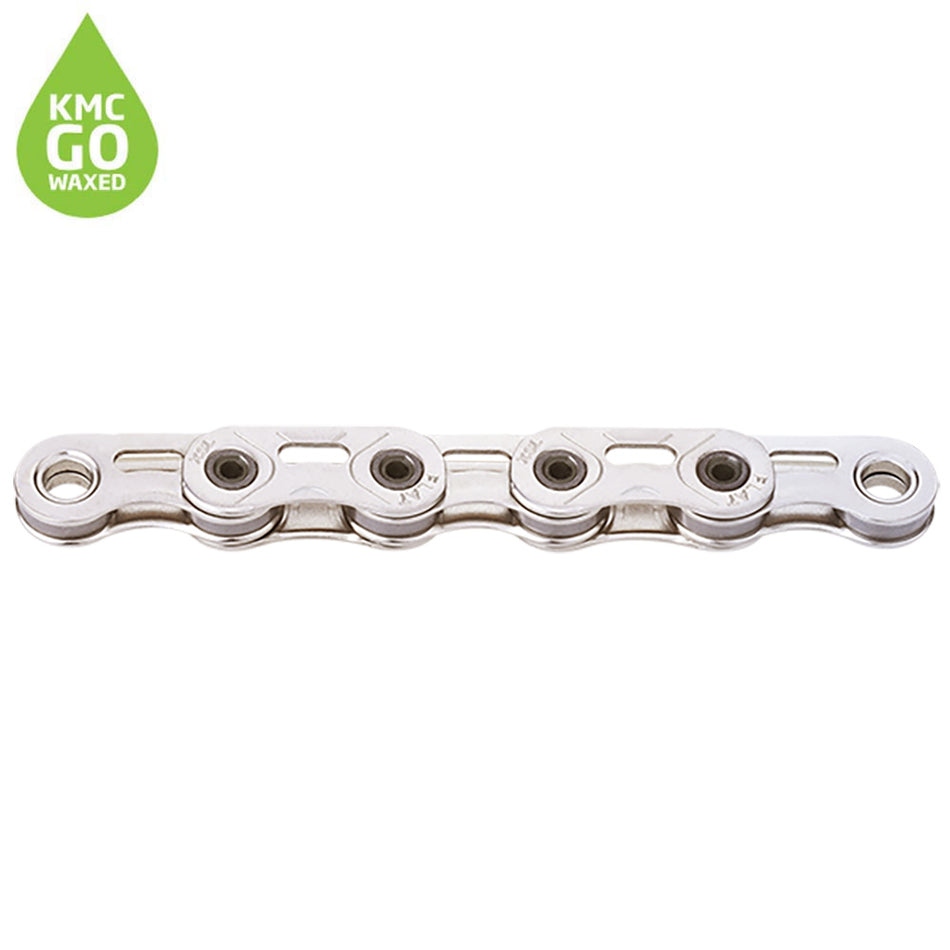 KMC pre-waxed SRAM chain displayed in silver, showcasing the super-lightweight flat top design.