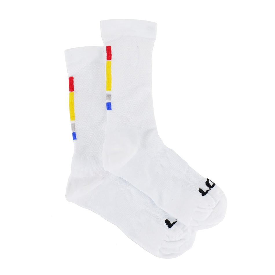 Look Elite Proteam Cycling Socks in white with colorful stripes, ideal for elite cycling socks performance and comfort.
