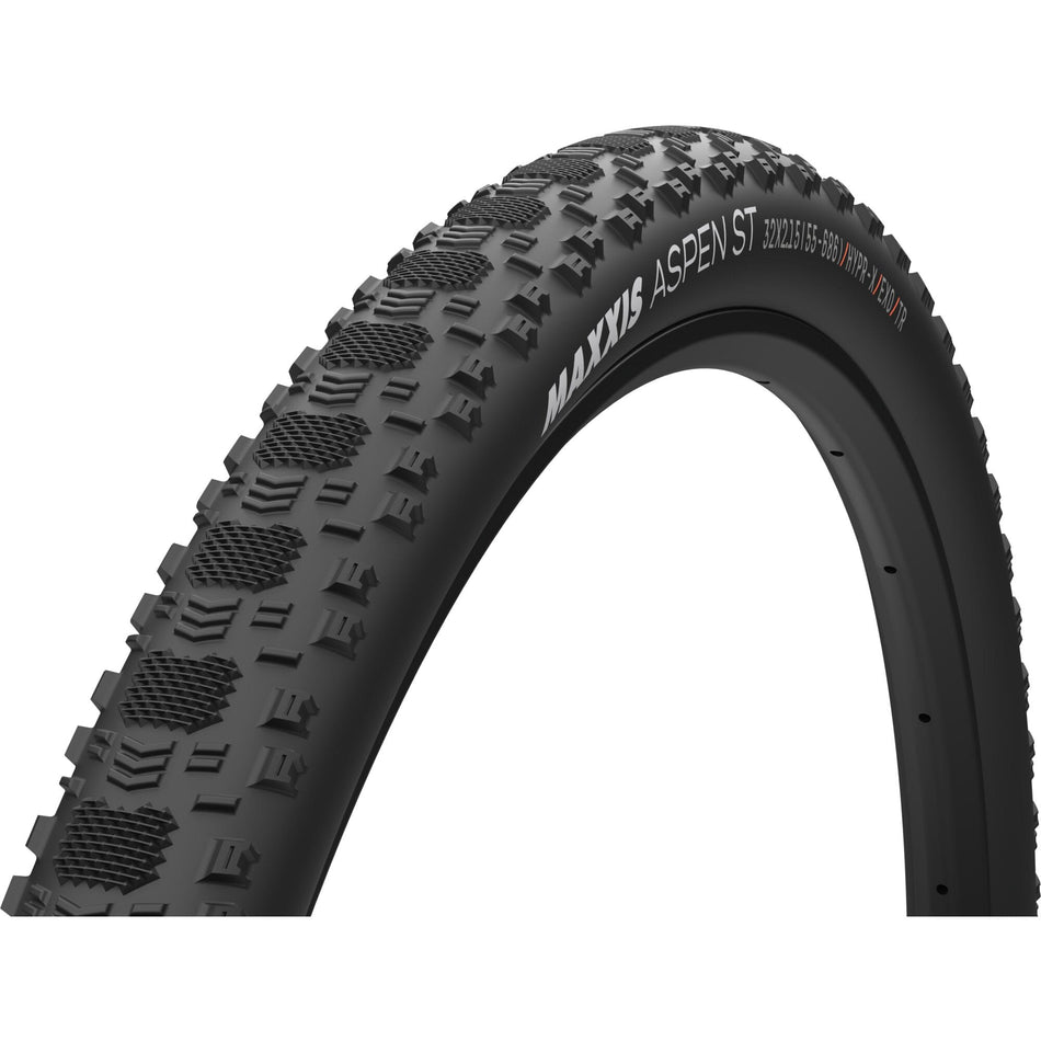 Maxxis Aspen ST 700x55C tubeless tyre featuring a low-profile design for dry XC conditions.