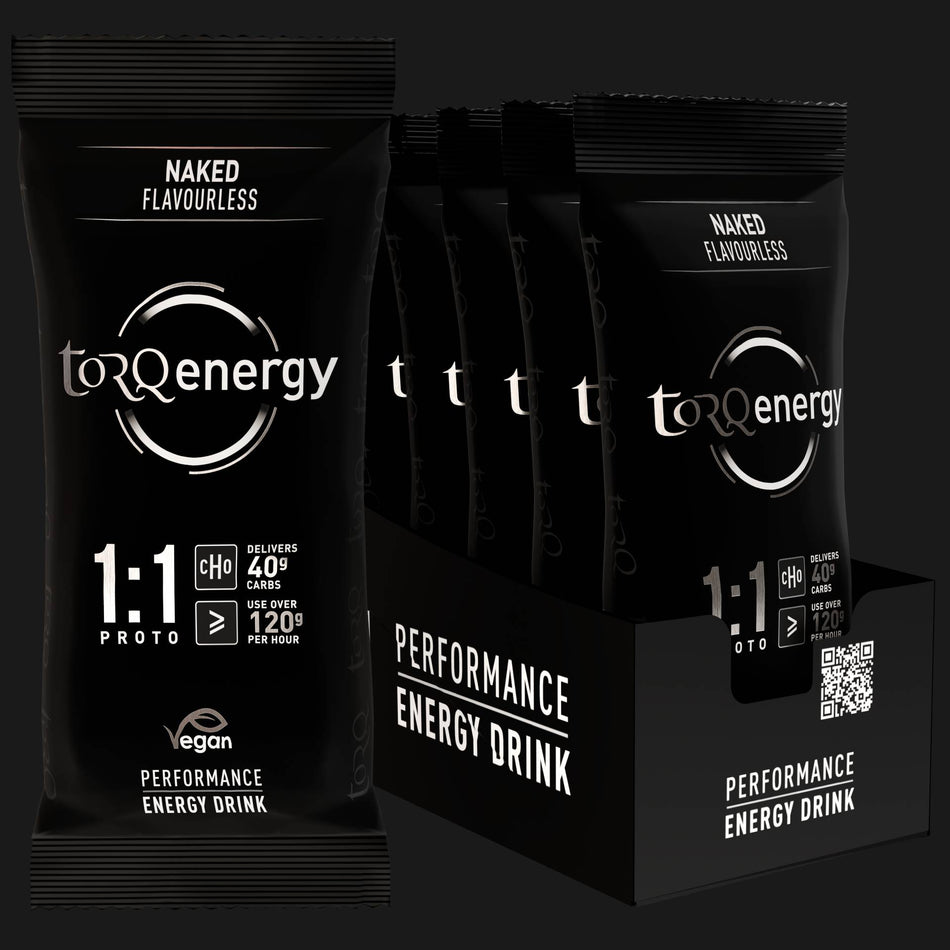 TORQ Proto energy drink sachets box containing 12 vegan performance energy drink sachets with 1:1 ratio.