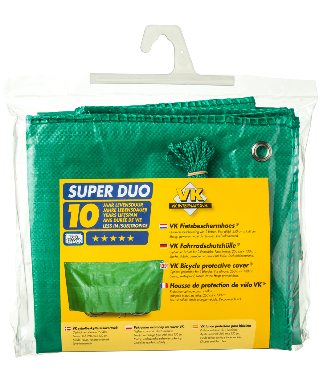 VK Super Duo waterproof lightweight bicycle cover in green packaging with cord.