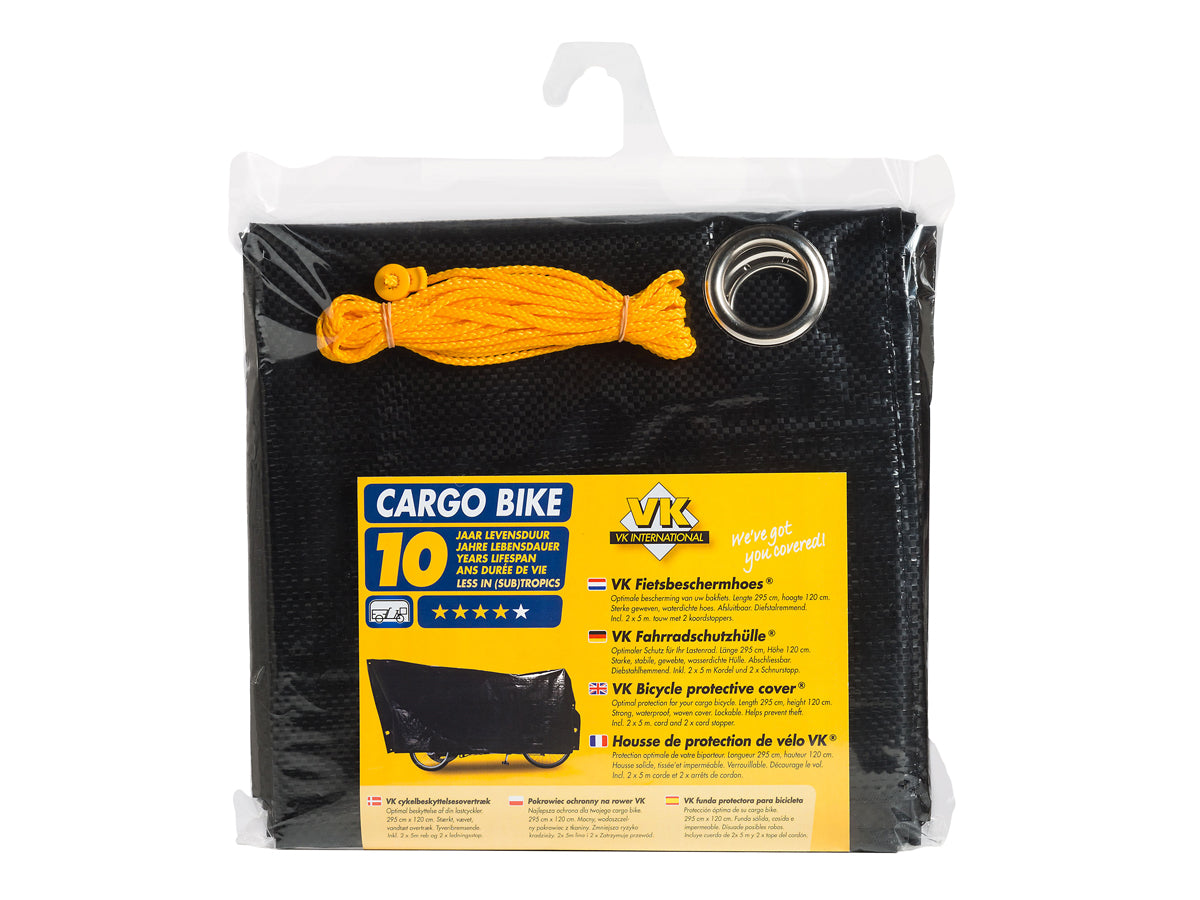 VK Cargo Bike waterproof bicycle cover for cargo bikes in black packaging with securing strap and grommet.