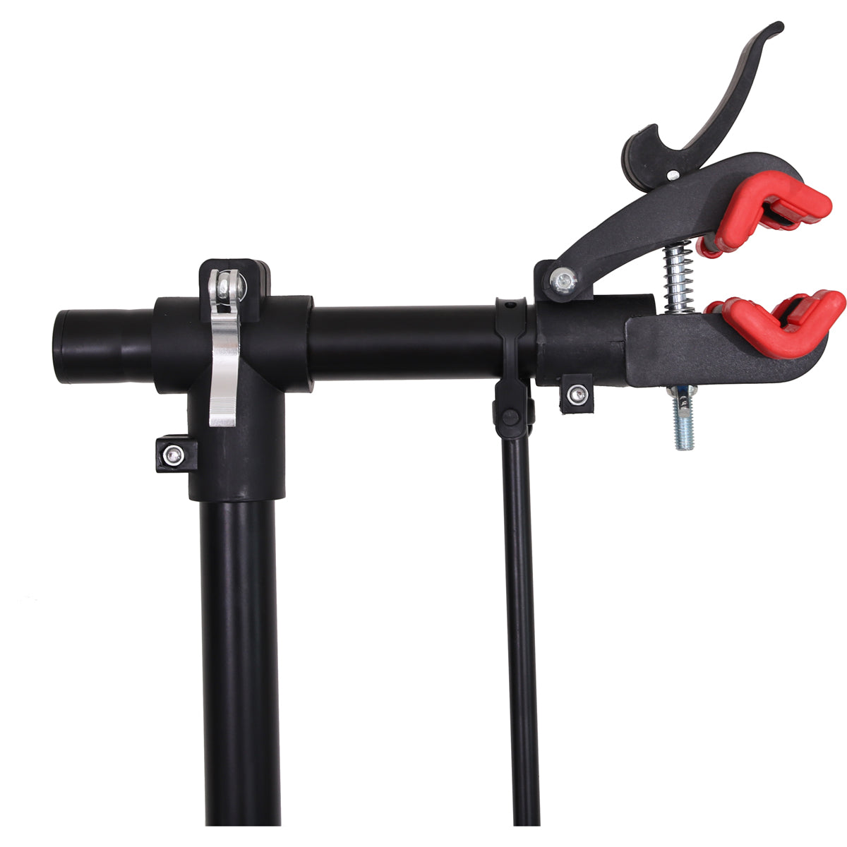 KranX adjustable bike work stand with red soft clamp providing secure grip for bike maintenance.