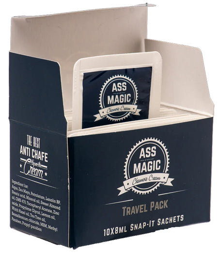 Ass Magic Chamois Cream Travel Pack featuring travel chamois cream sachets in 10 x 8ml snap-it sachets.