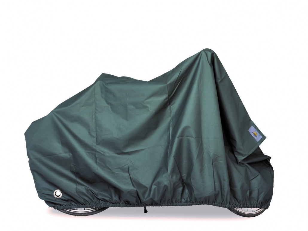 VK "Re-Cover" waterproof bicycle cover forest green over a bicycle, providing protection from the elements.