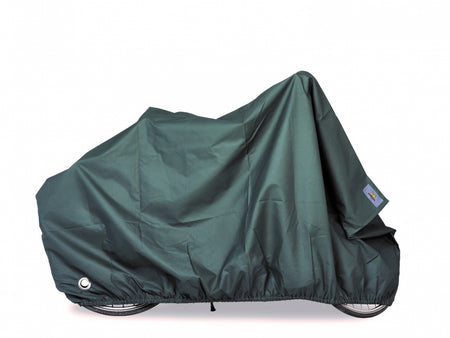 VK "Re-Cover" waterproof bicycle cover forest green over a bicycle, providing protection from the elements.