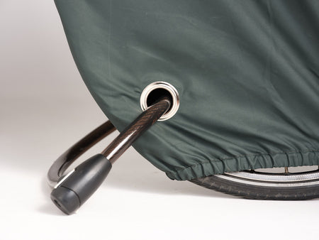 Detail of VK 'Re-Cover' Duo 2-Bike Waterproof Bicycle Cover, showcasing the eyelet and lock mechanism.