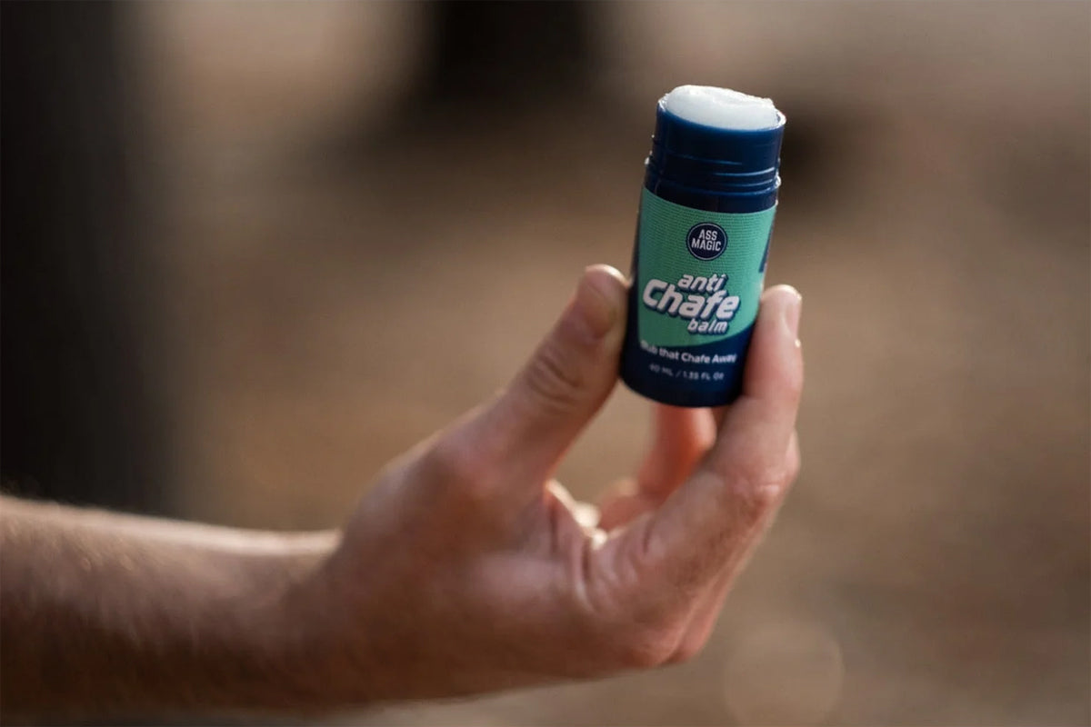 Ass Magic Anti Chafe Balm 40ml held in hand, ideal anti chafe balm for athletes during workouts.