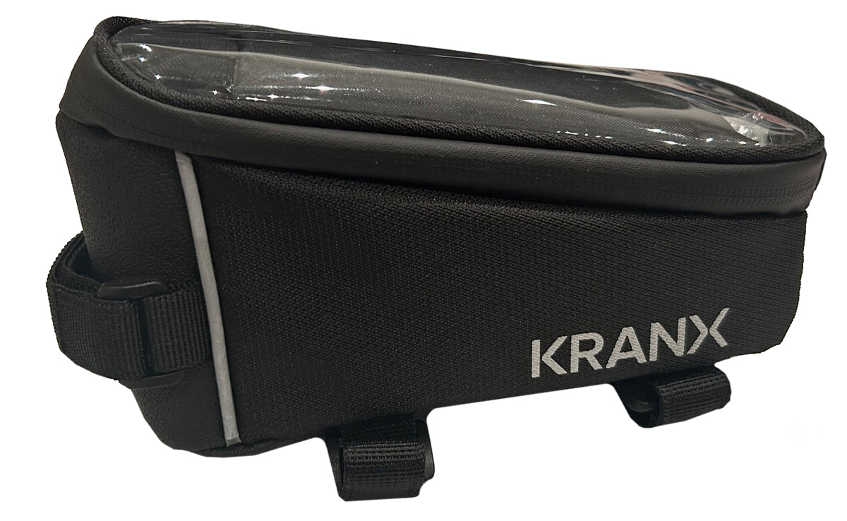 KranX Taurus black waterproof top tube bag with waterproof zipper and long fitting straps.