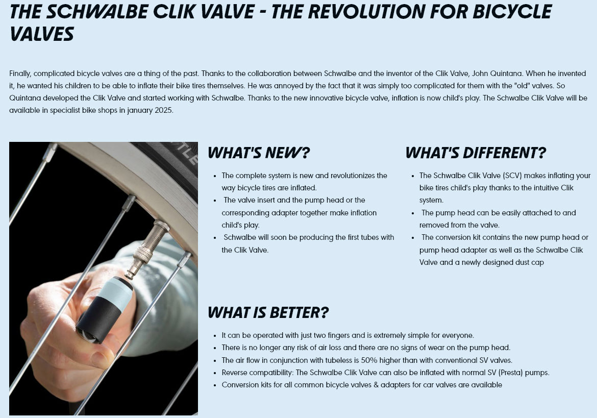 Schwalbe Clik Valve adapter kit demonstrating easy inflation on a bicycle tire with a user-friendly design.