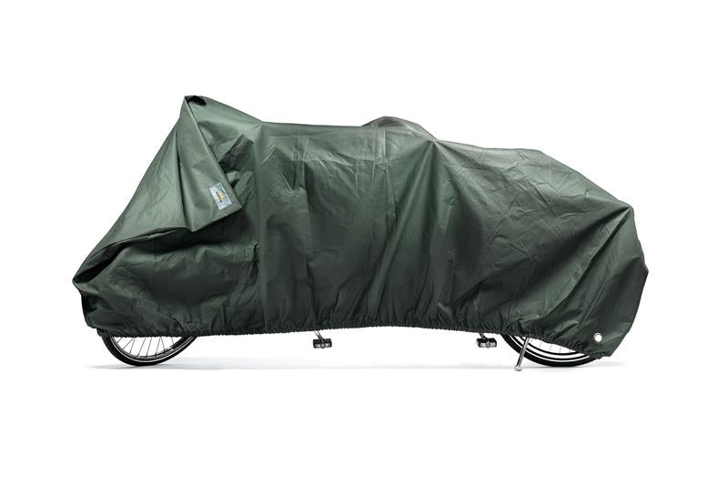 VK Re-Cover forest green cargo bicycle cover protecting a bicycle from weather and damage.