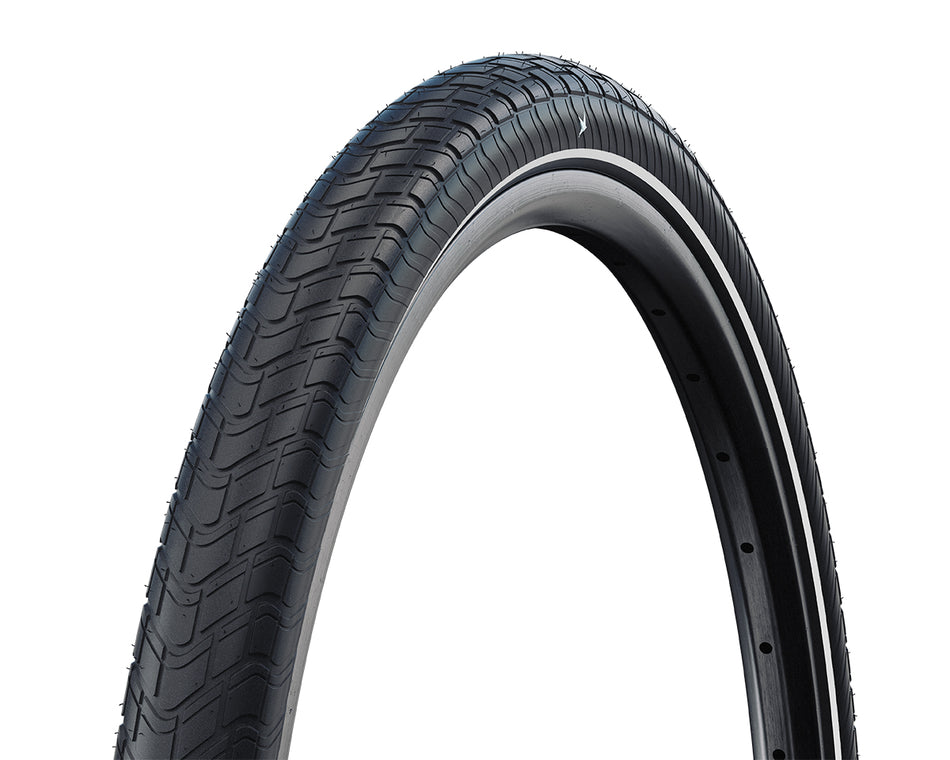 Schwalbe Motion Big Apple urban wired bike tyre in black color with modern design and reflex stripe.