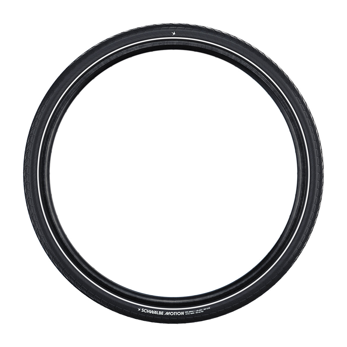 Schwalbe Motion Big Apple urban wired bike tyre in black with reflex stripes for an urban biking experience.