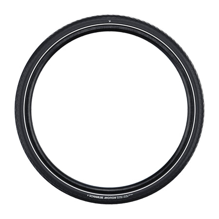 Schwalbe Motion Big Apple urban wired bike tyre in black with reflex stripes for an urban biking experience.
