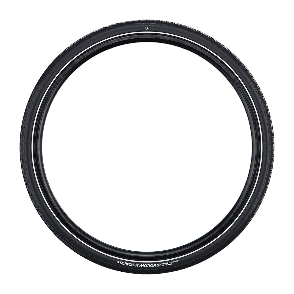 Schwalbe Motion Big Apple urban wired bike tyre in black with reflex stripes for an urban biking experience.